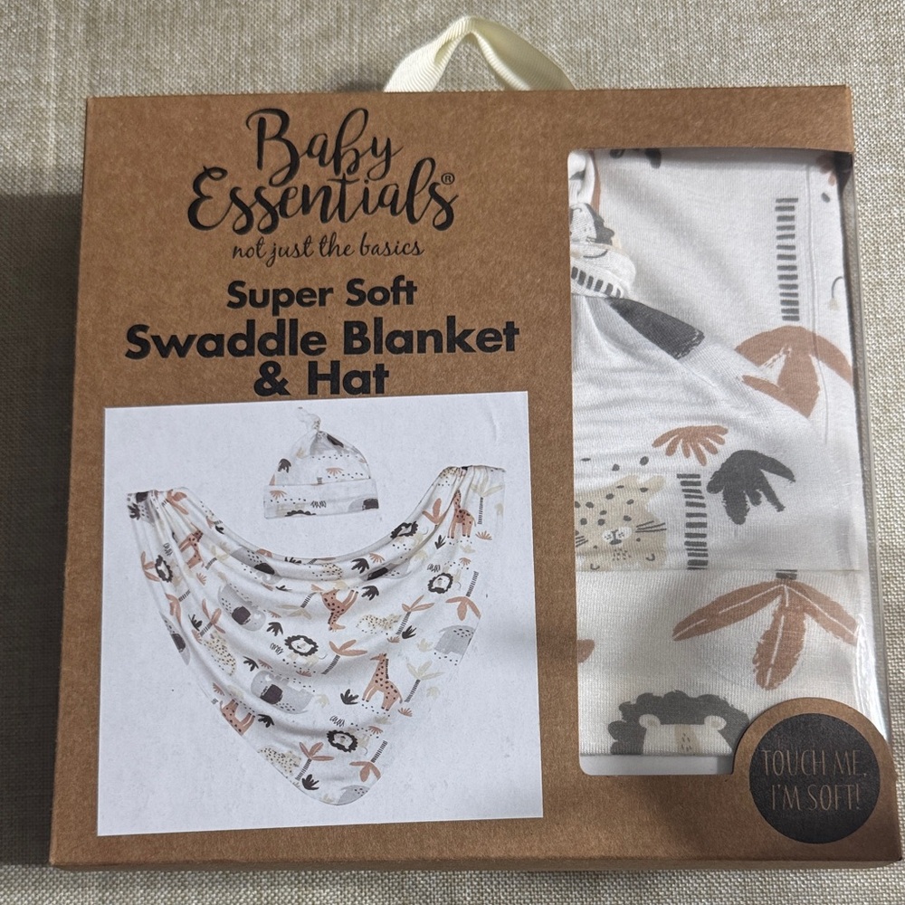 Baby Essentials Soft Swaddle Blanket & Hat in Cream and Brown